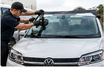 Technician performing windshield replacement